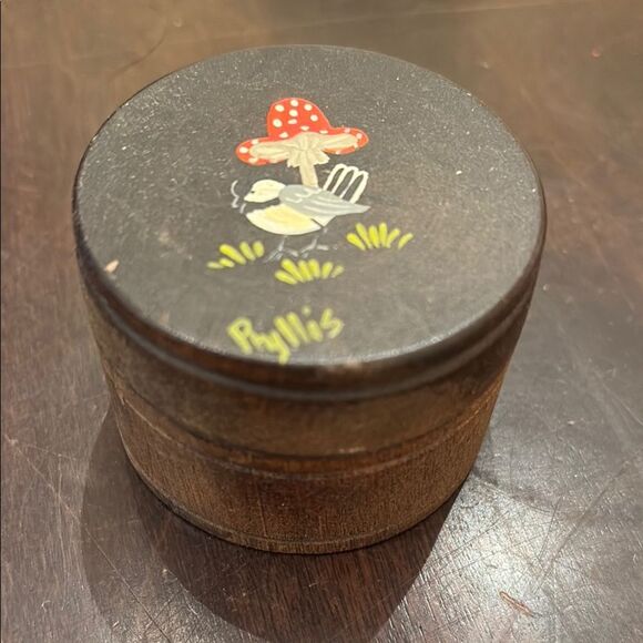 Vintage Wooden Trinket Box with Bird and Mushroom - Picture 1 of 4